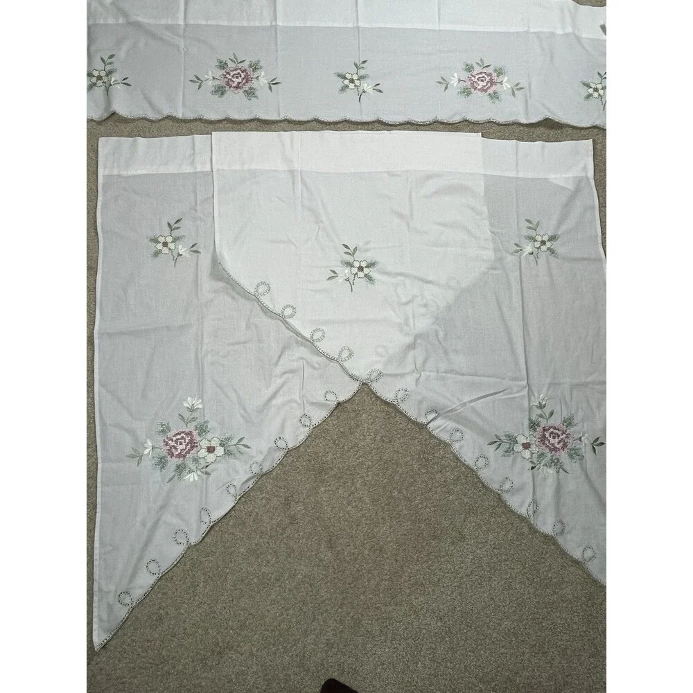 3pc Set VTG Window Valance Swag Panels Ivory Embroidered Floral Eyelet